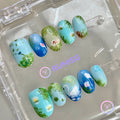 cottagecore blue glossy short round press on nails with swan and lotus flower