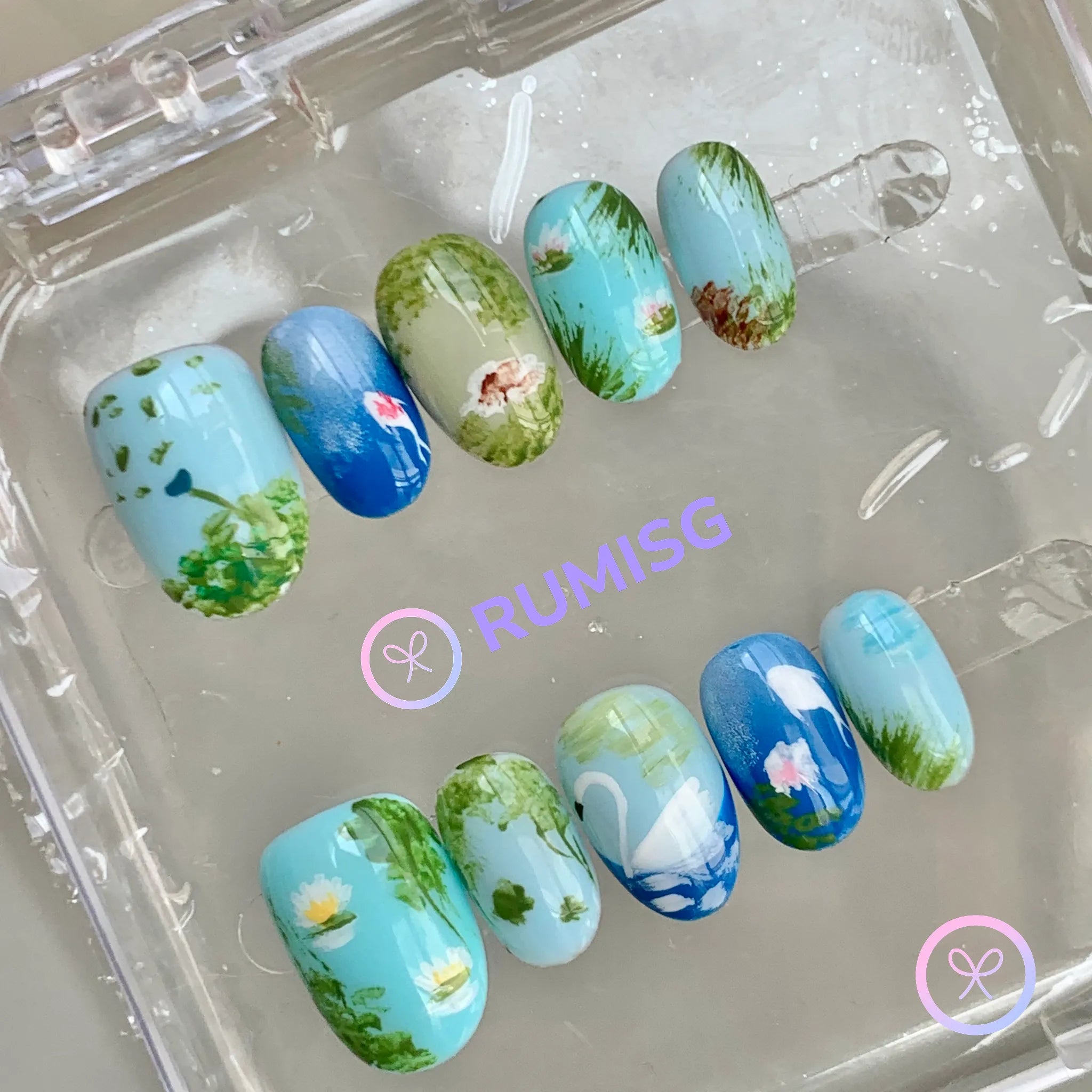 cottagecore blue glossy short round press on nails with swan and lotus flower