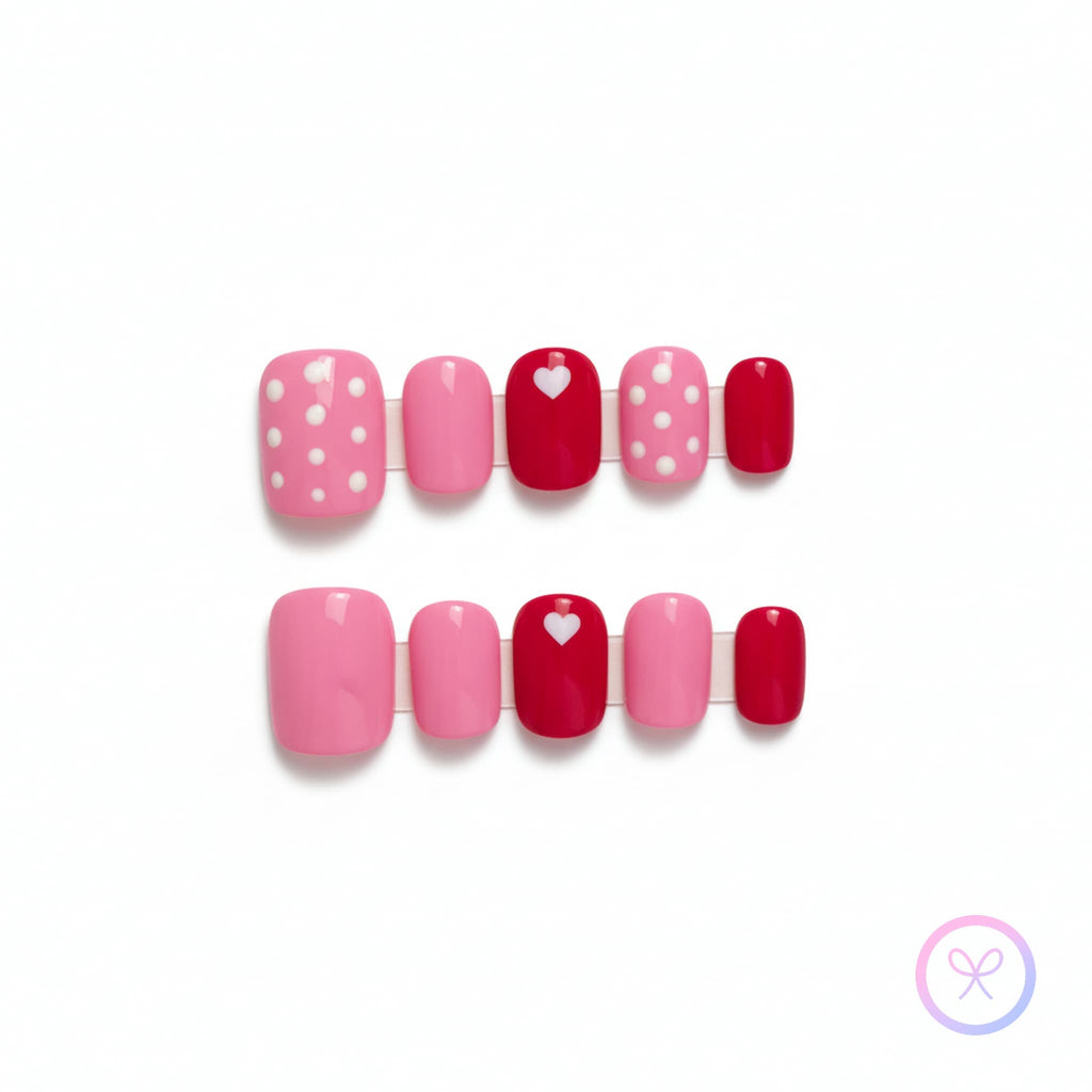 valentine pink glossy short square press on nails with polka dots and heart shape