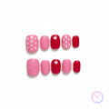 valentine pink glossy short square press on nails with polka dots and heart shape