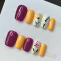 minimalist purple glossy short square press on nails with flower and dots