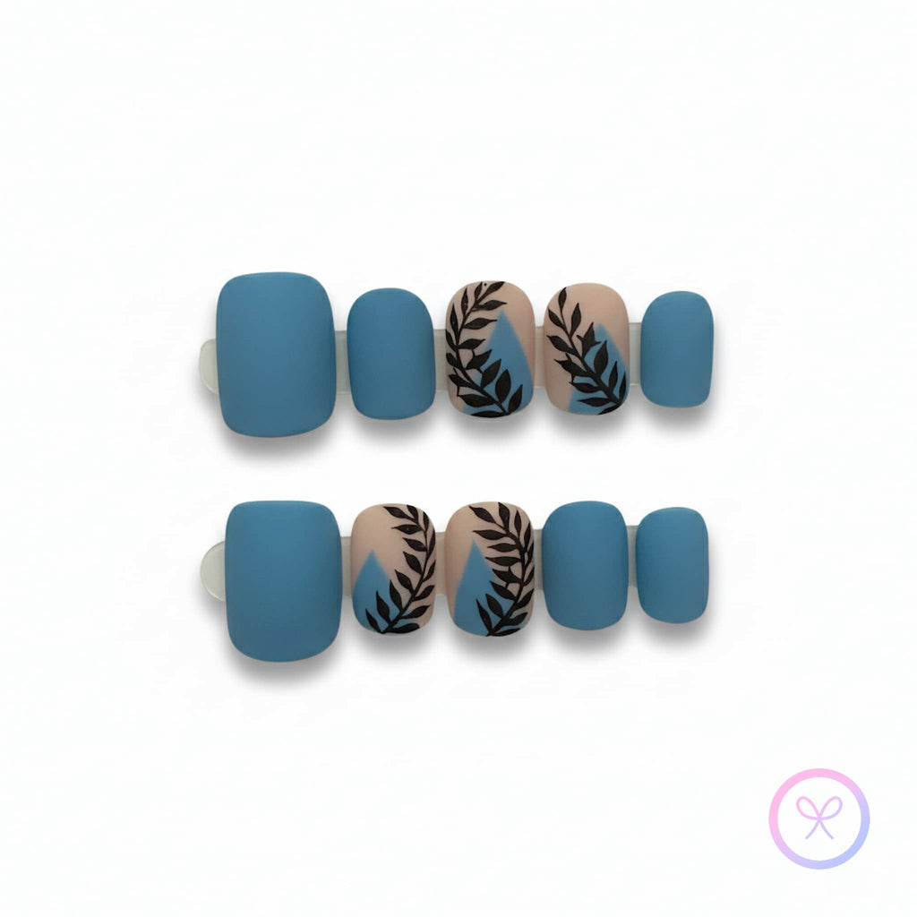 minimalist blue matte short square press on nails with leaves motifs
