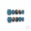 minimalist blue matte short square press on nails with leaves motifs