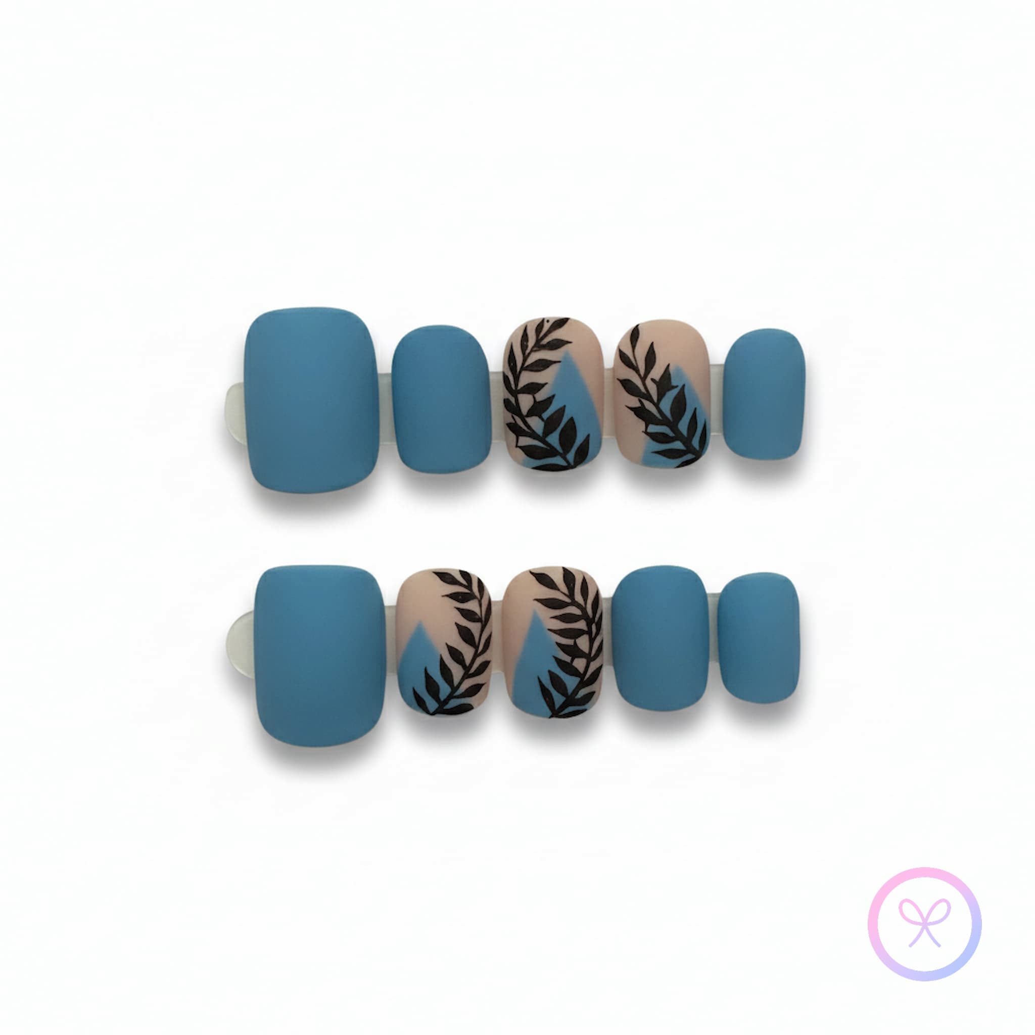 minimalist blue matte short square press on nails with leaves motifs