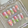 elegant hot pink iridescent embossed flower short almond press on nails with pearl
