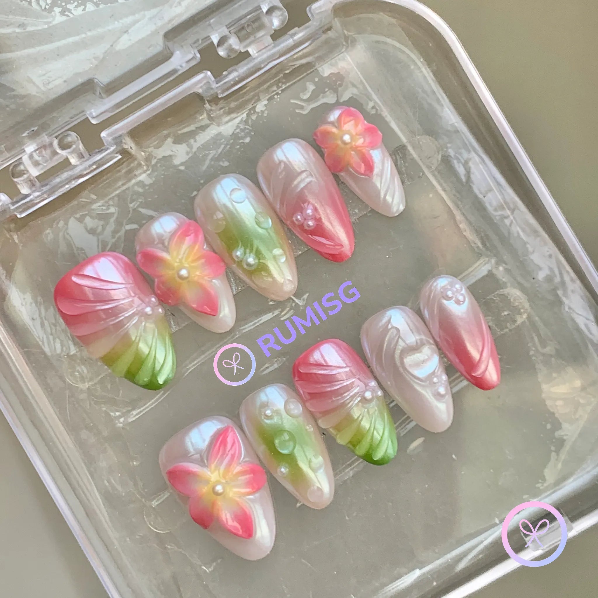 elegant hot pink iridescent embossed flower short almond press on nails with pearl