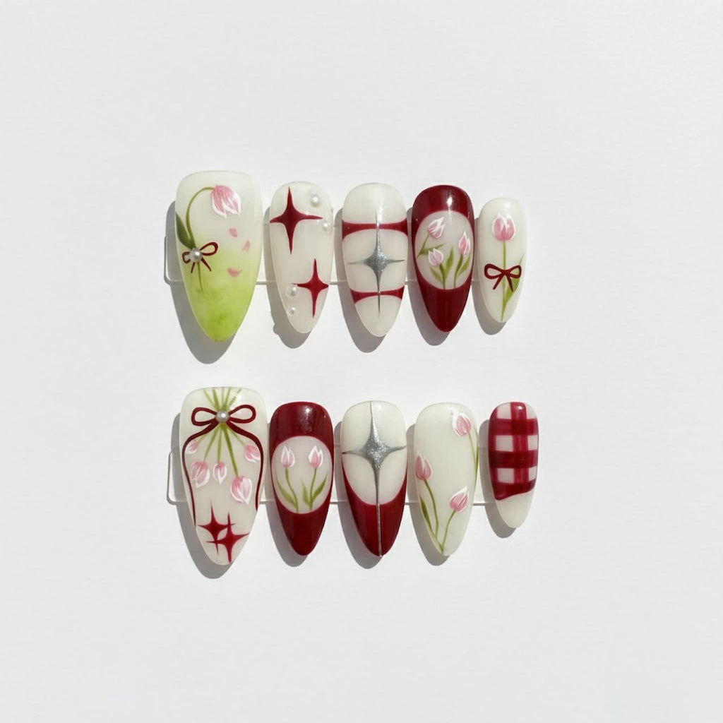cottagecore red glossy medium almond press on nails with tulip and star motifs