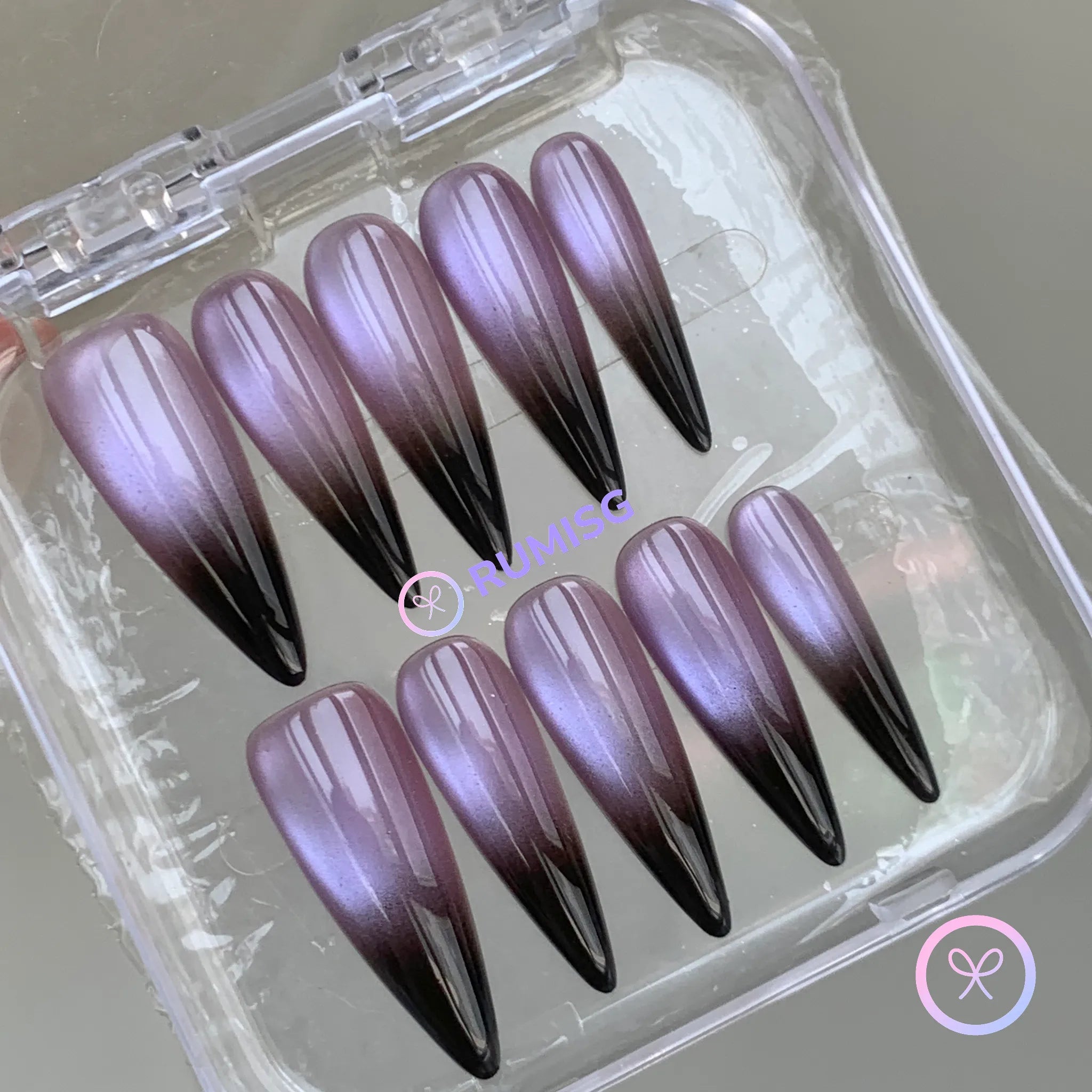 goth purple glossy long stiletto press on nails with cat eye ombre