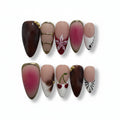 vintage nude glossy medium almond press on nails with marbled design ,cherry and flower motifs