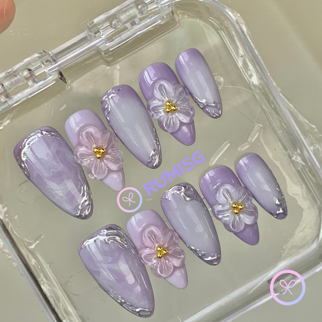elegant purple glossy medium almond press on nails with 3D flower and silver filigree frame