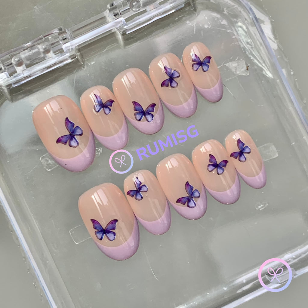 elegant nude glossy short oval press on nails with butterfly and lavender french tip