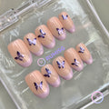 elegant nude glossy lavender french tip short oval press on nails with butterfly