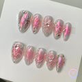 elegant pink iridescent short almond press on nails with veins and rhinestones 3d flower
