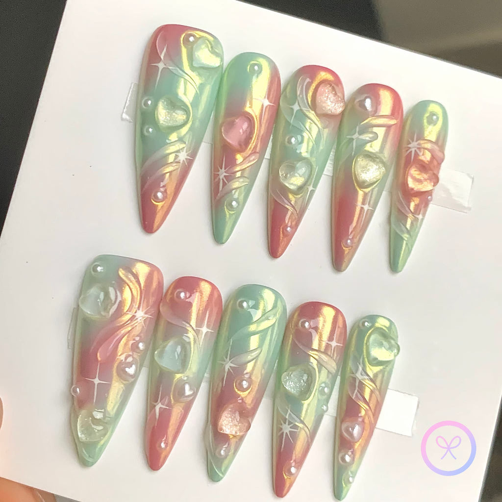y2k pink iridescent long stiletto press on nails with 3D Hearts and swirls and pearls