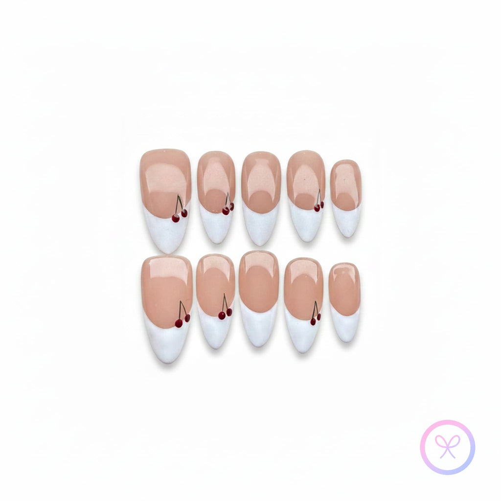 classic nude glossy medium almond press on nails white french tips with cherry
