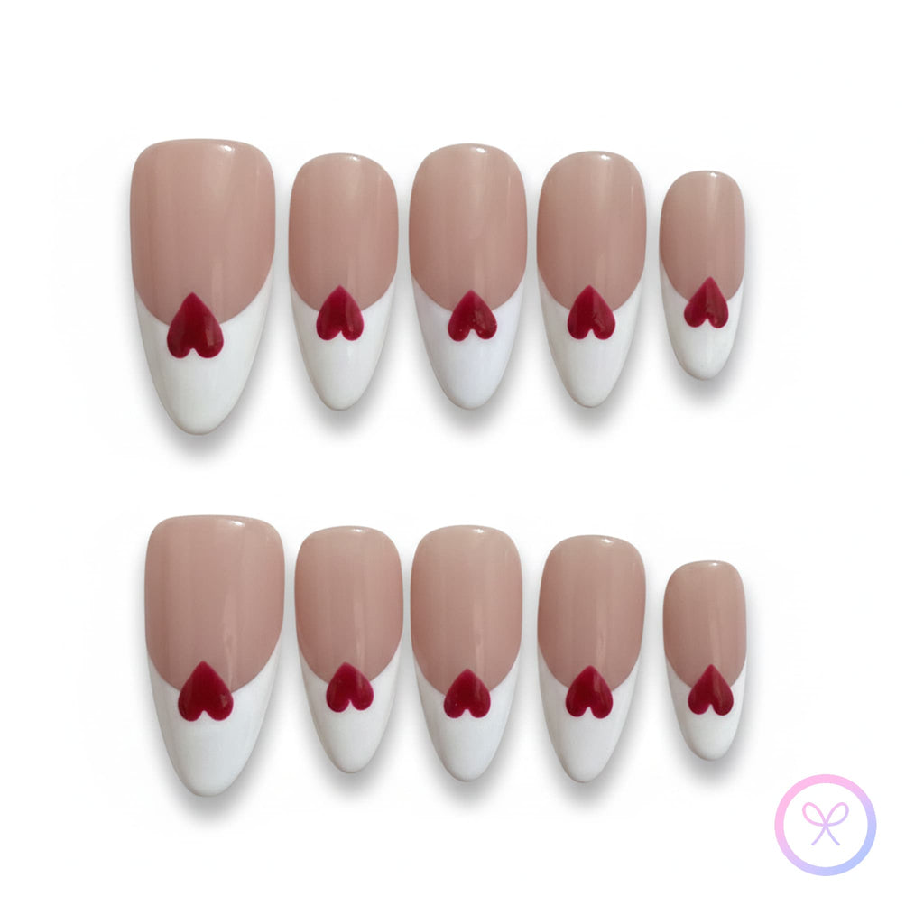calssic nude glossy medium almond press on nails , french tip with red hearts