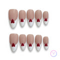 calssic nude glossy medium almond press on nails , french tip with red hearts