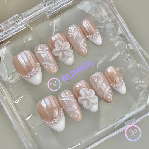 pearlcore white glossy short almond press on nails with 3d flower and pearl linework