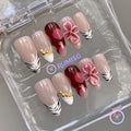 animal print red glossy medium almond press on nails with zebra print and 3D flower