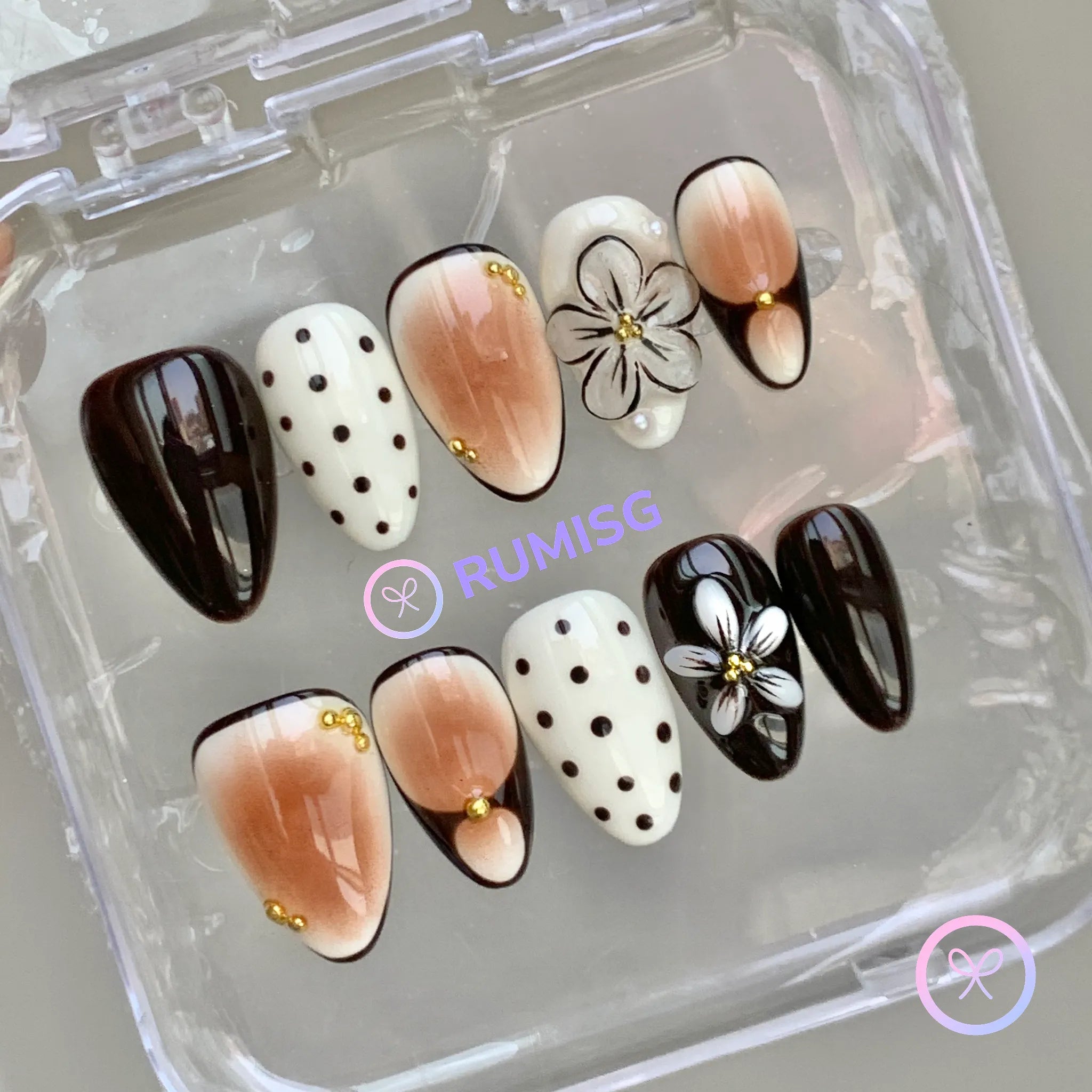elegant saddle brown glossy 3d flower short almond press on nails with gold beads