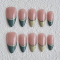 medium length dark green almond press on nails ,dark green french tip design