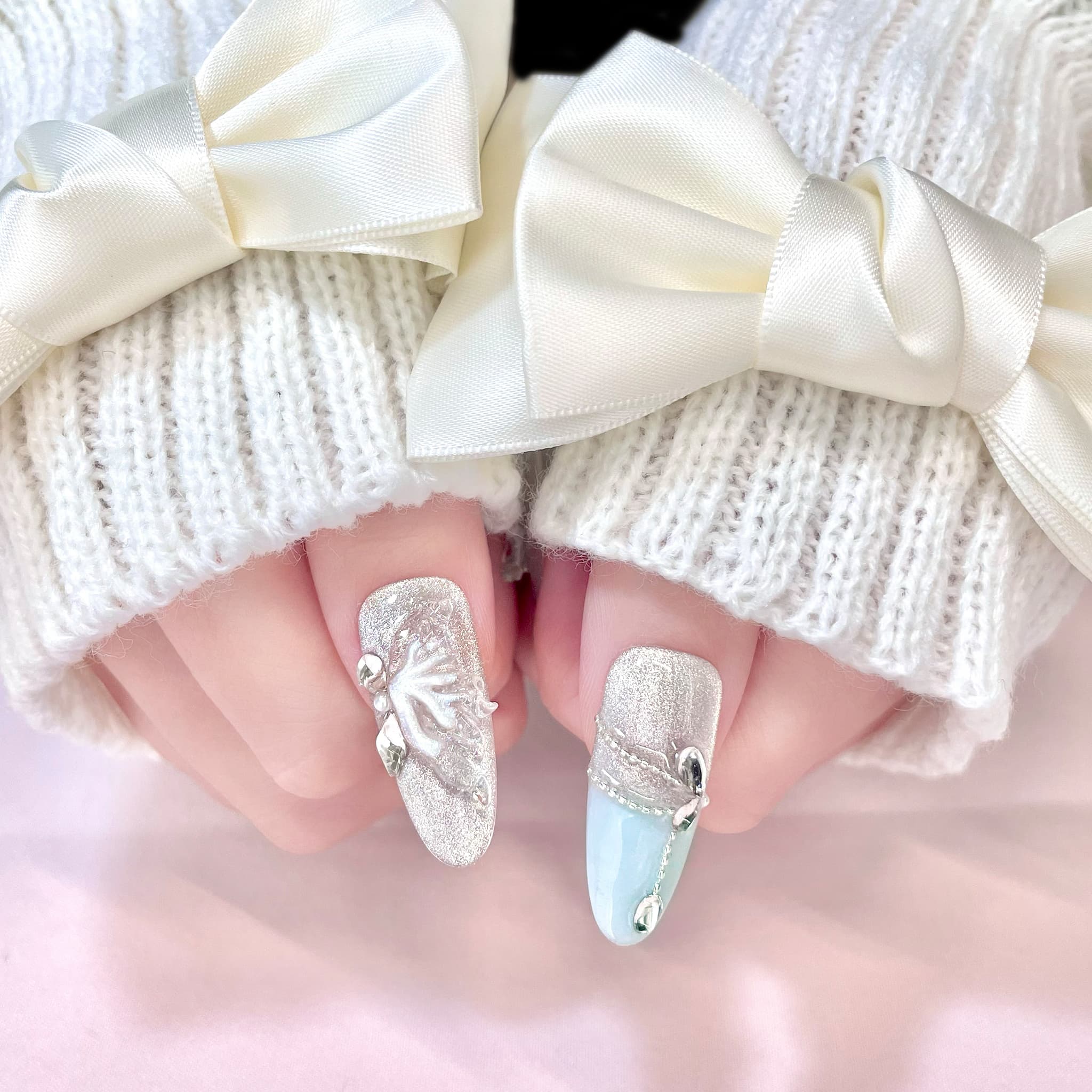 long length pale turquoise oval press on nails with butterfly wings design