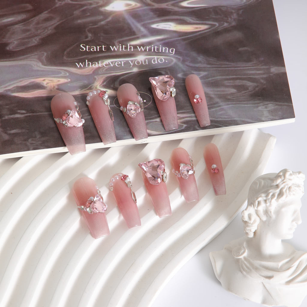 long length light pink coffin press on nails with gemstones