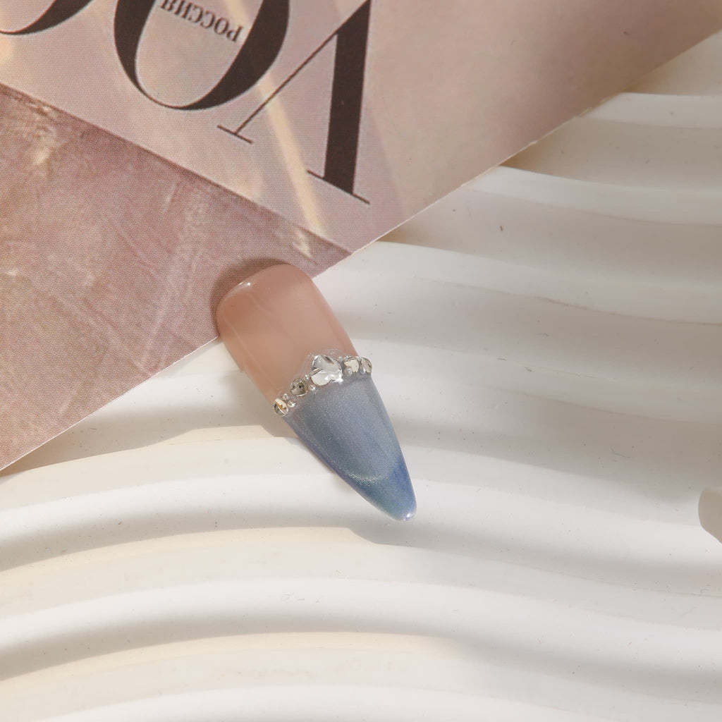 long length steel blue stiletto press on nails with gemstones
