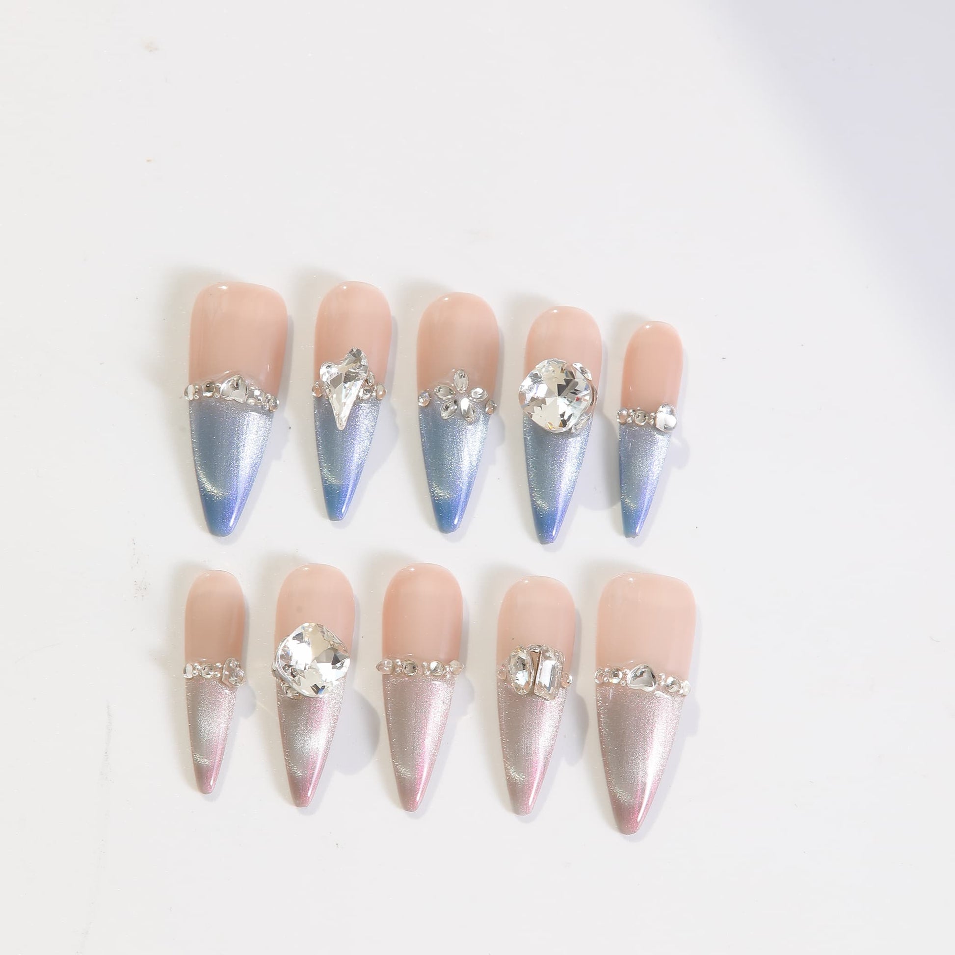 long length steel blue stiletto press on nails with gemstones