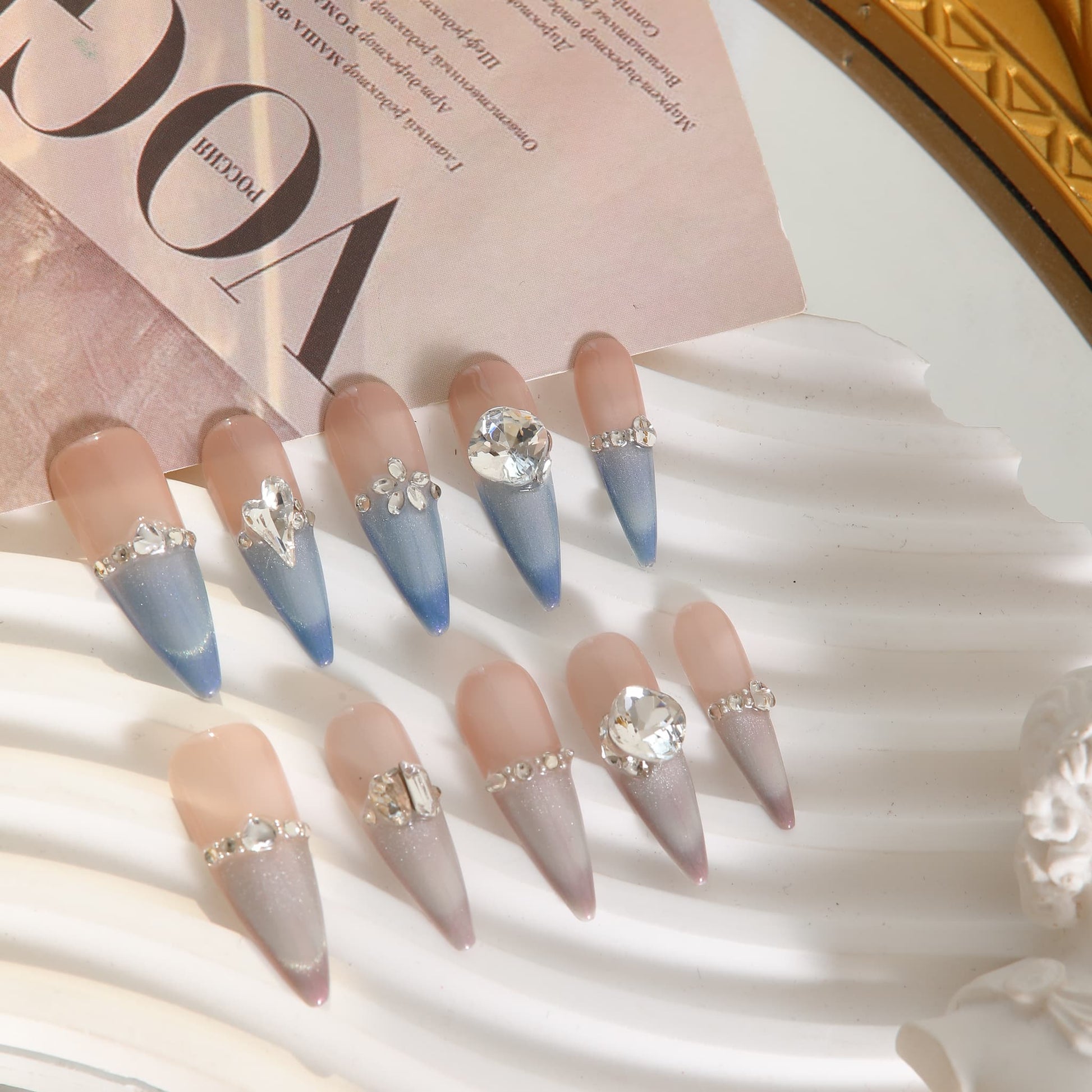 long length steel blue stiletto press on nails with gemstones