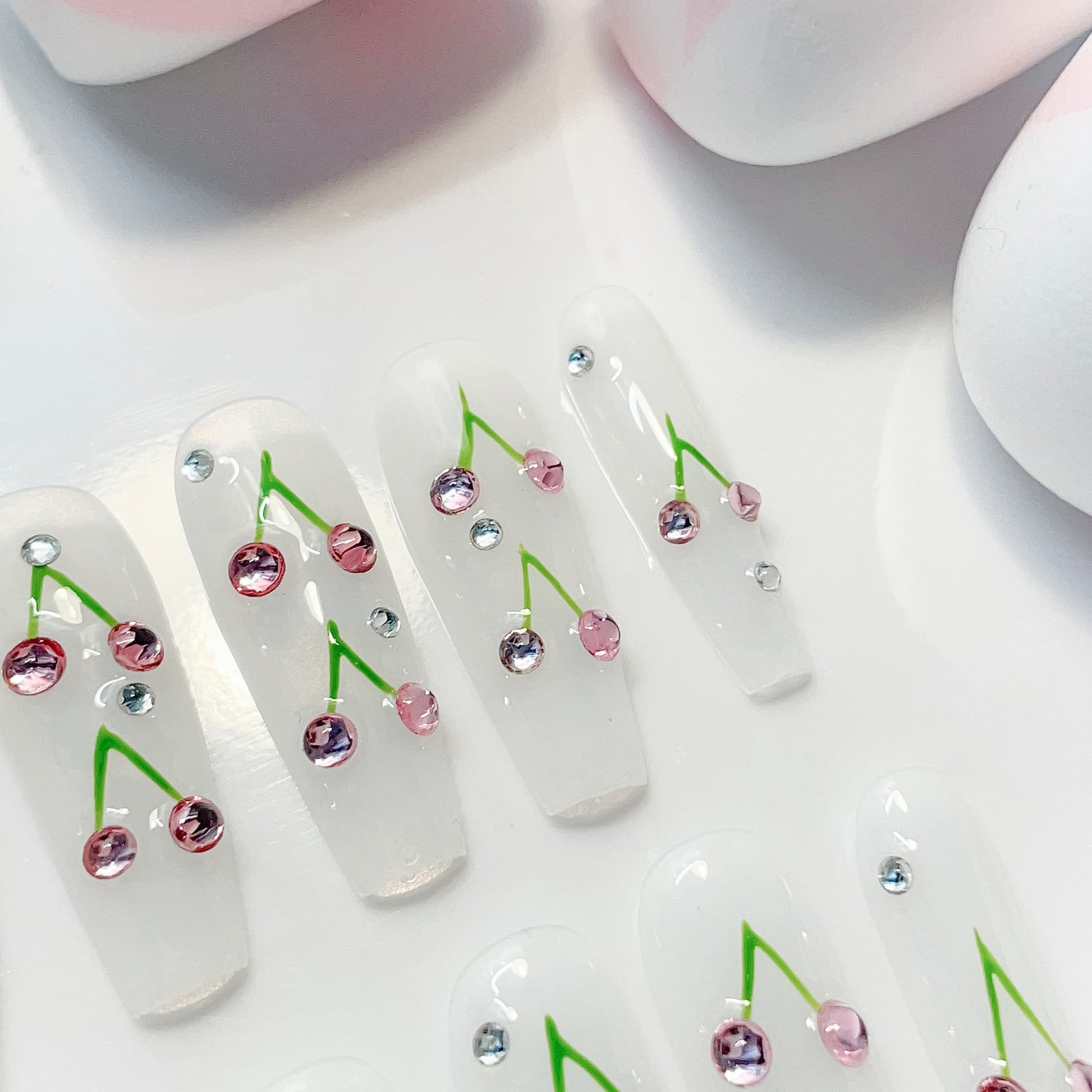 long length white coffin press on nails with cherry design