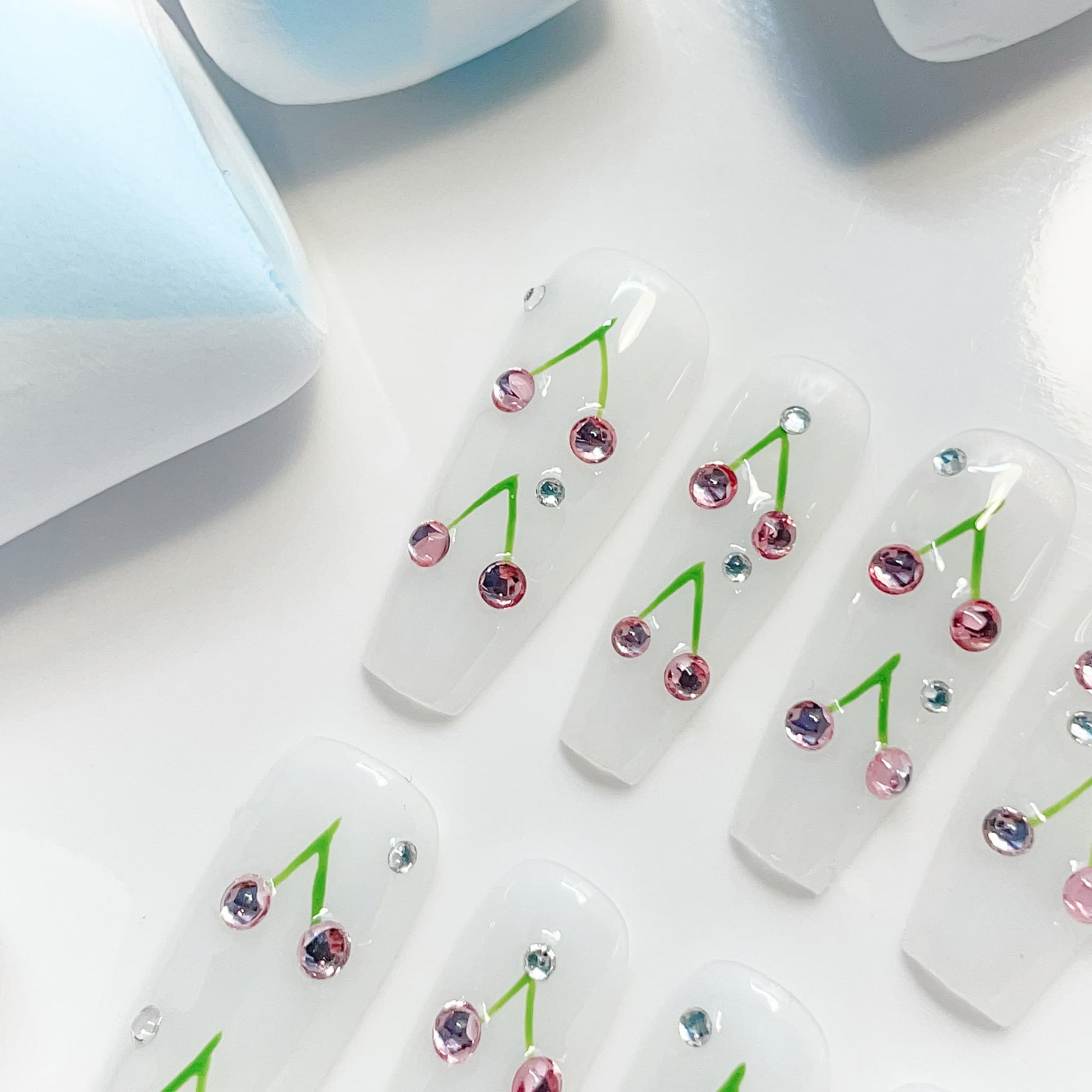 long length white coffin press on nails with cherry design