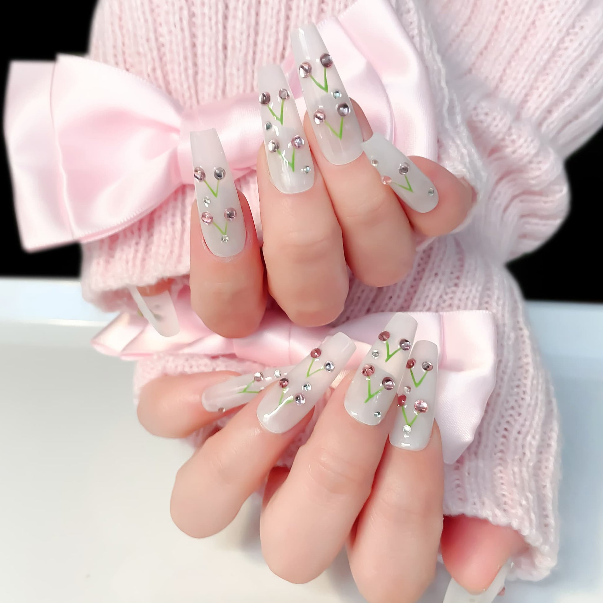 long length white coffin press on nails with cherry design