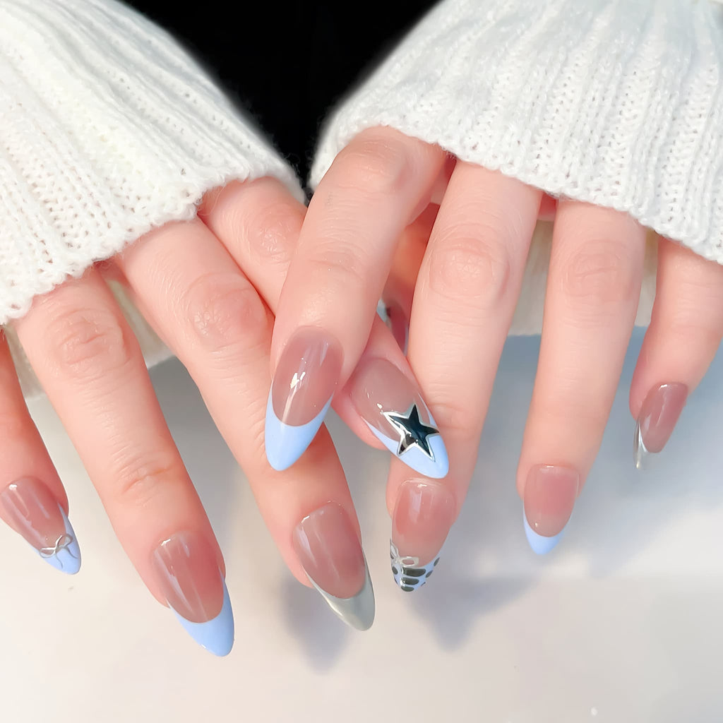 medium length skyblue almond press on nails , french tips design