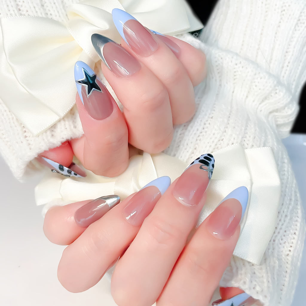 medium length skyblue almond press on nails , french tips design