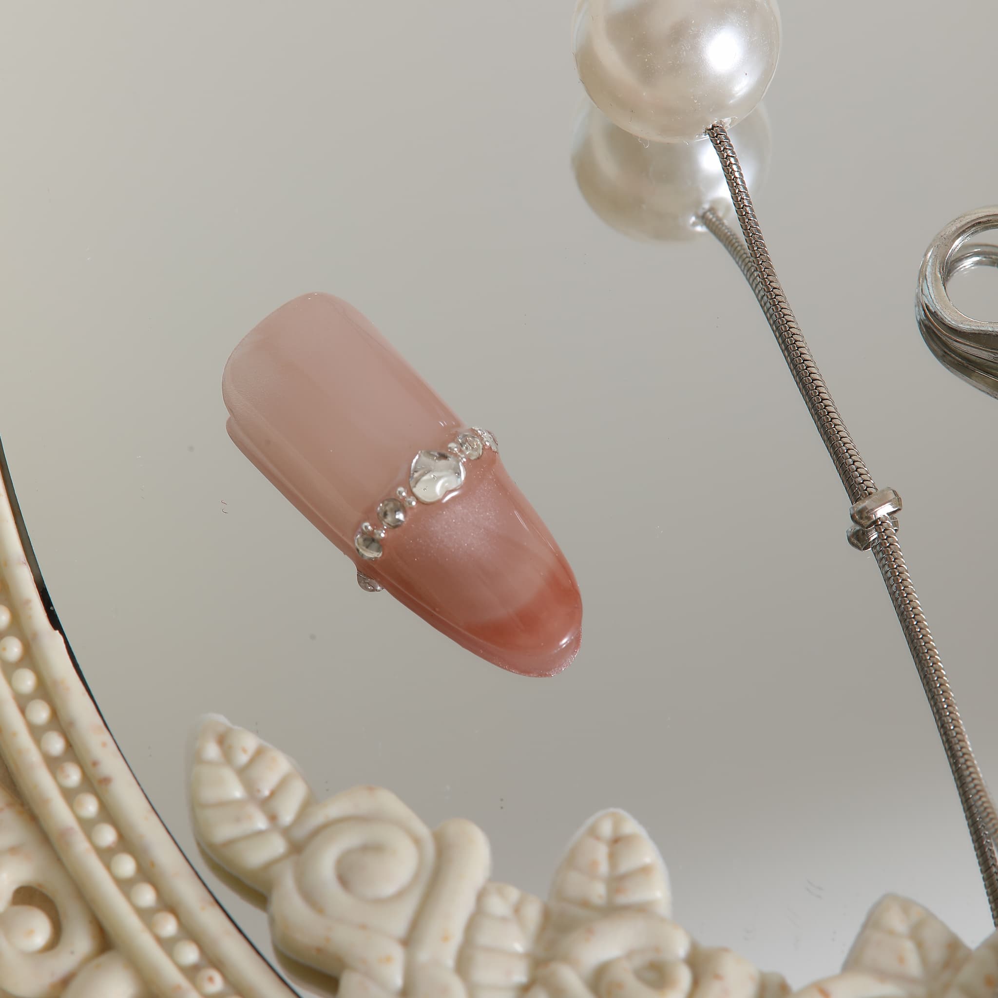 long length light coral oval press on nails with gemstones