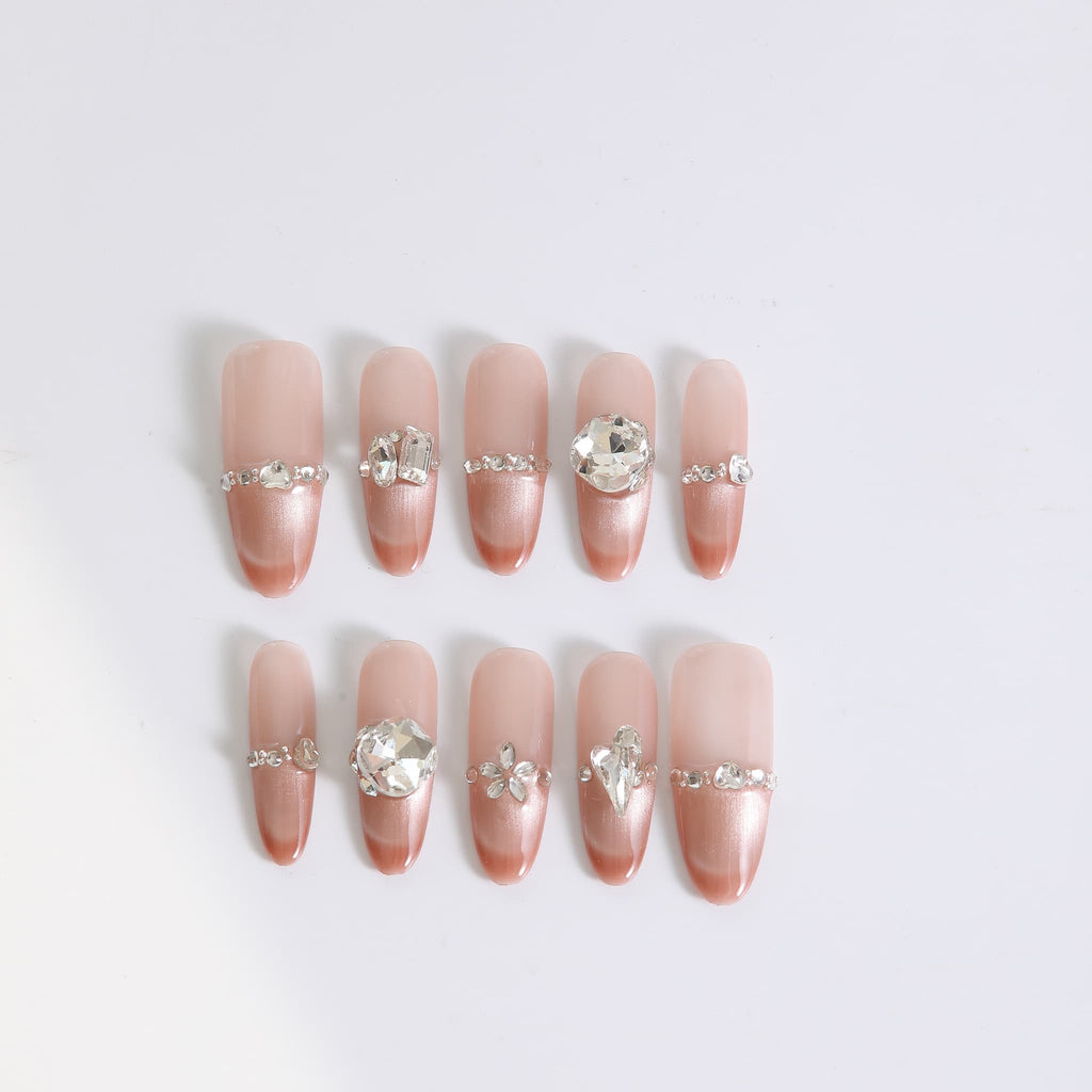 long length light coral oval press on nails with gemstones