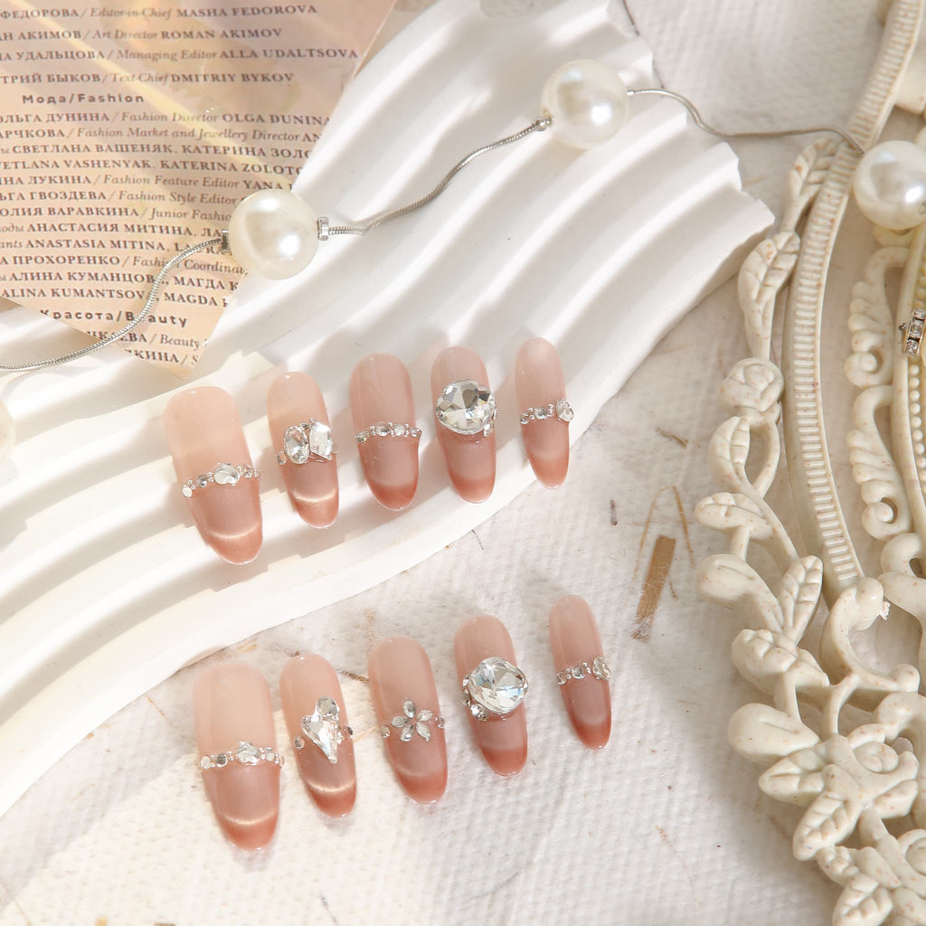 long length light coral oval press on nails with gemstones