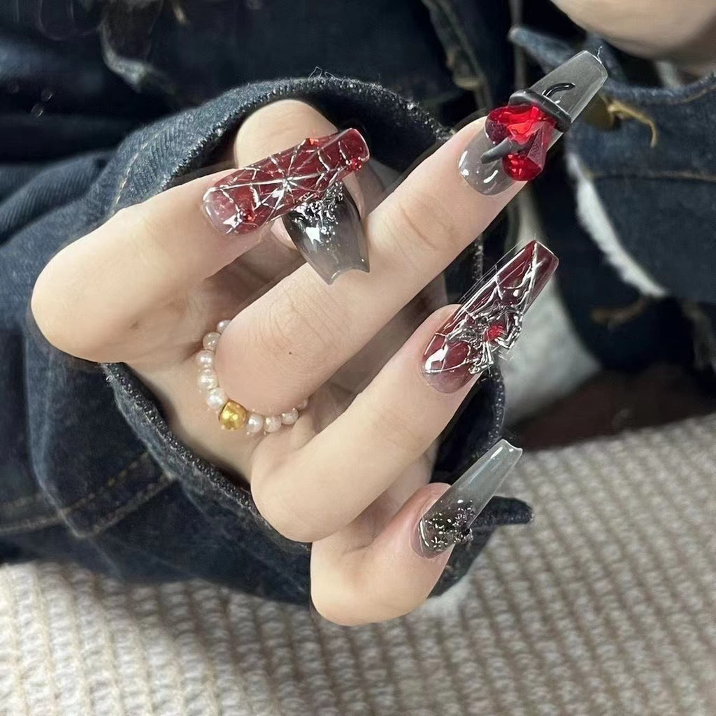 long length red coffin press on nails with gothic theme charms,spider charms,heart shape charms,, snake charms