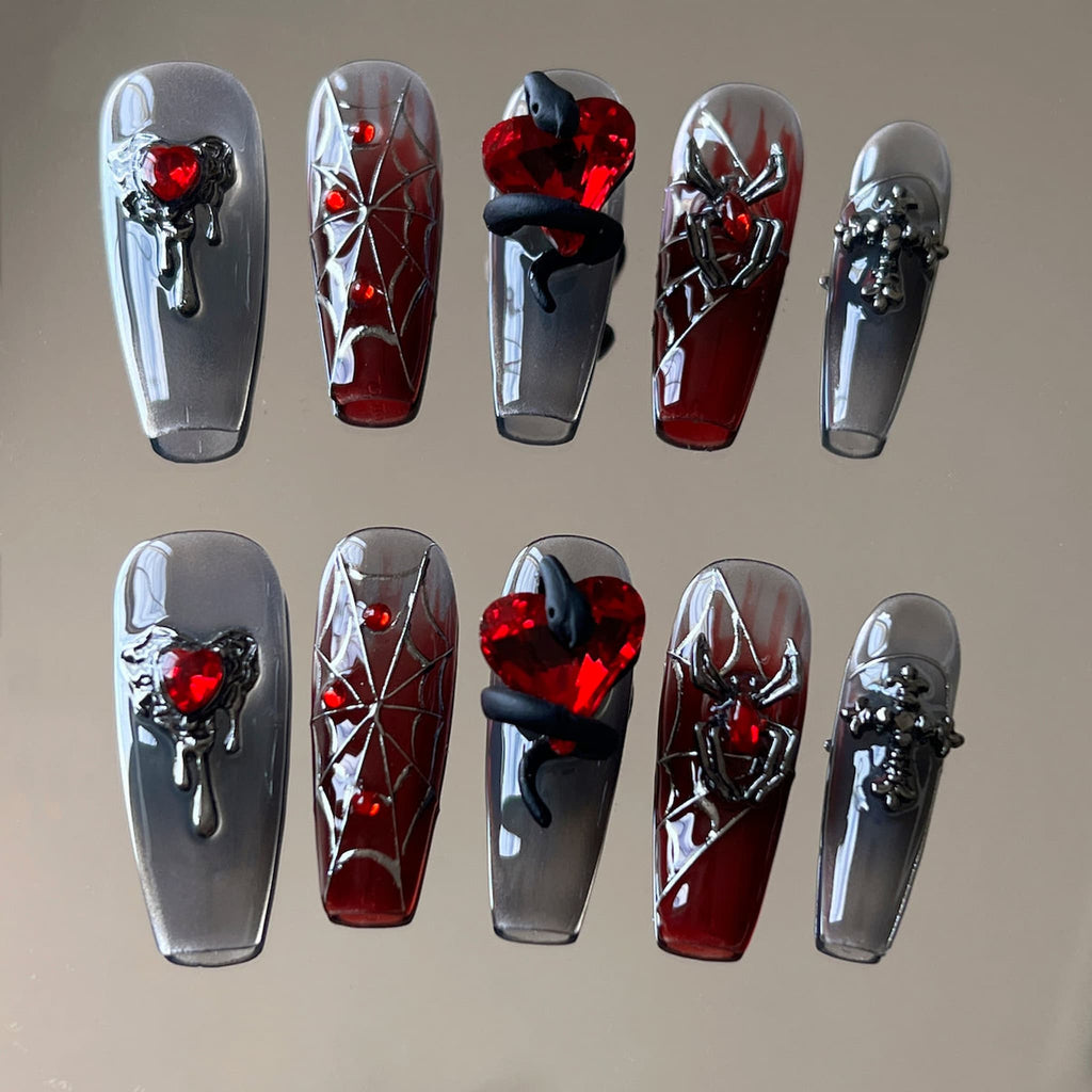 long length red coffin press on nails with gothic theme charms,spider charms,heart shape charms,, snake charms