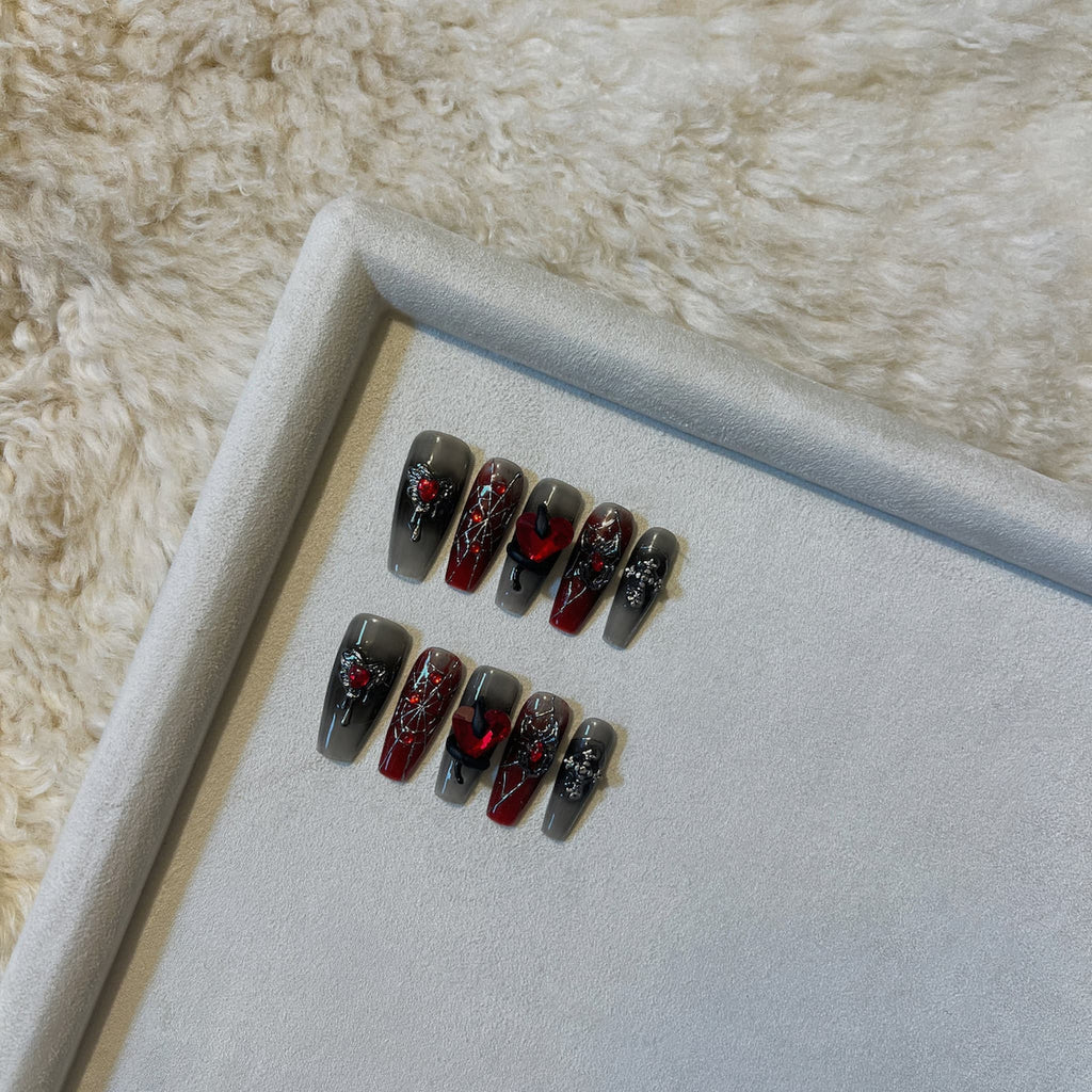 long length red coffin press on nails with gothic theme charms,spider charms,heart shape charms,, snake charms