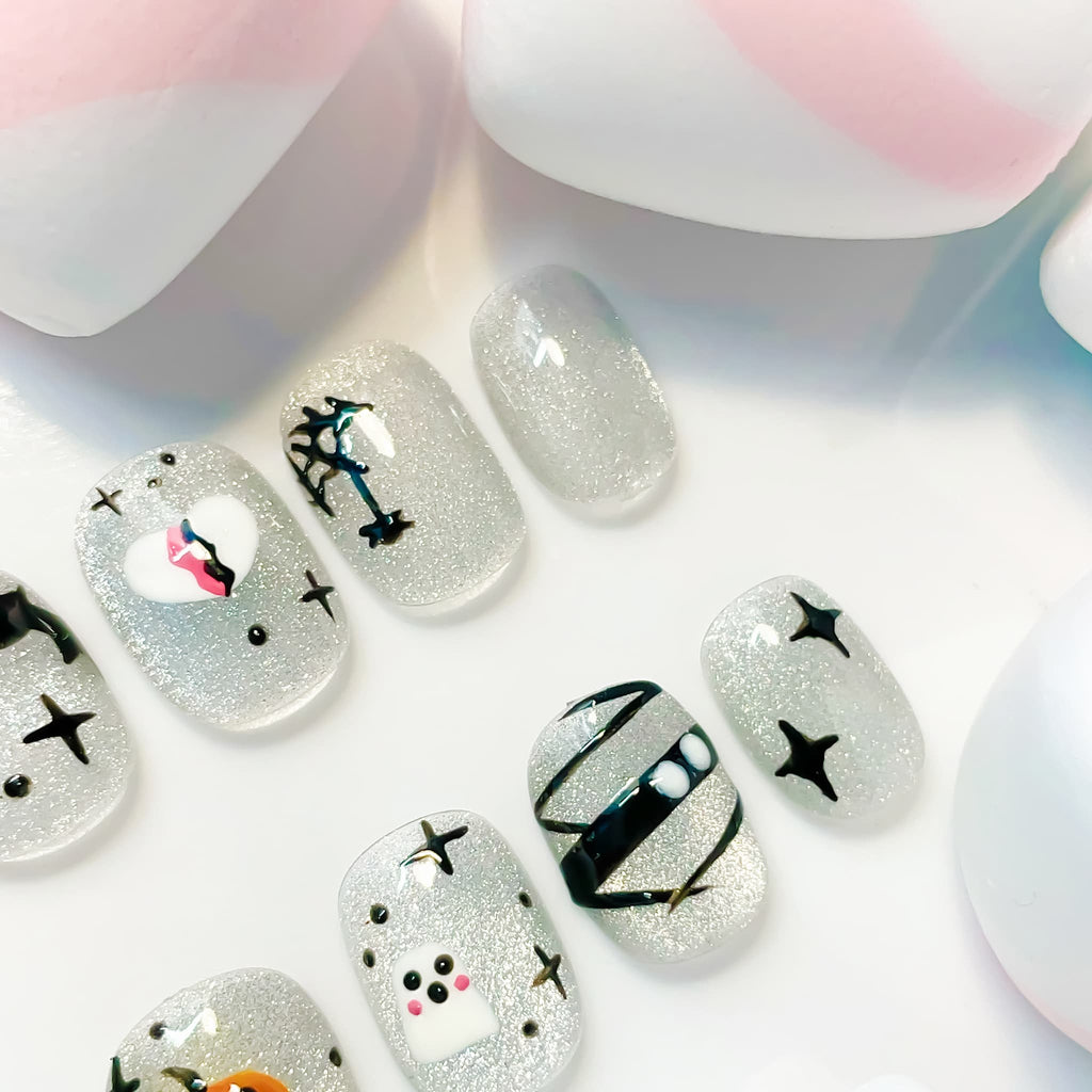 short length silver squoval press on nails with halloween design