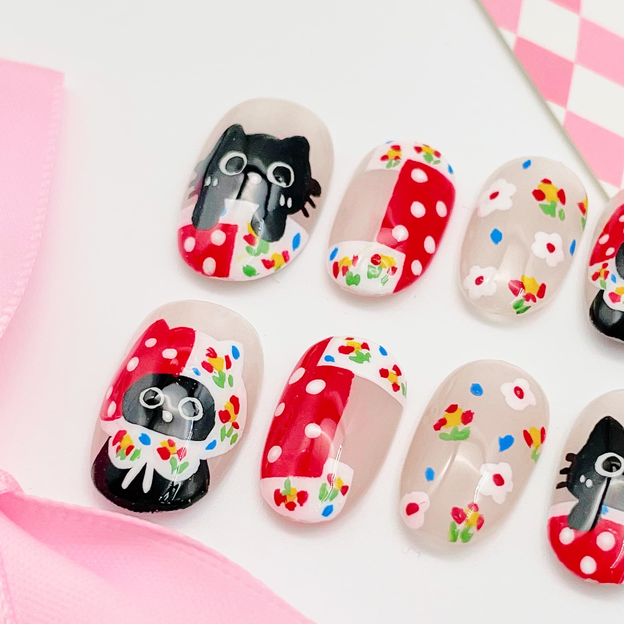 short length red oval press on nails with cat design, spring season theme design