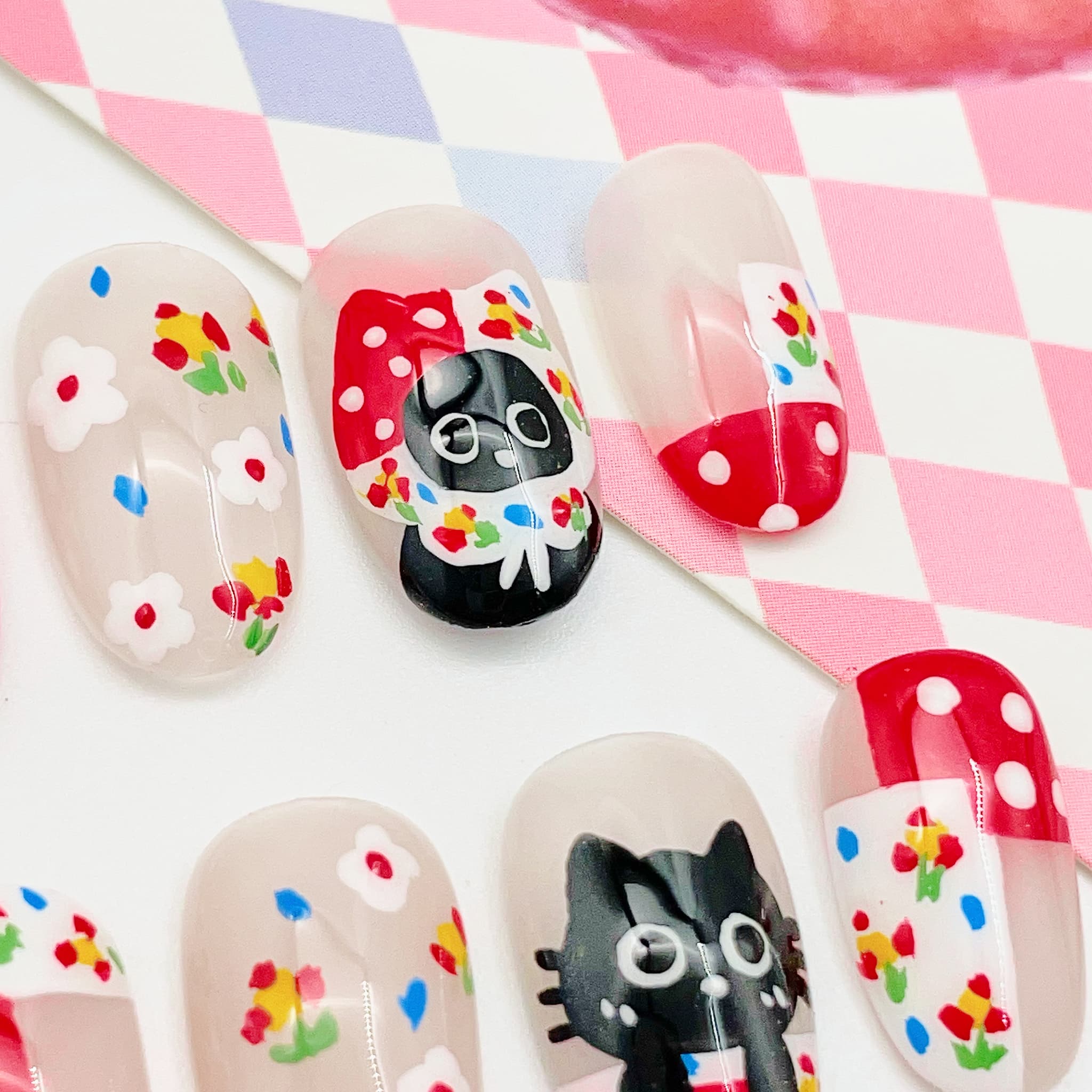 short length red oval press on nails with cat design, spring season theme design