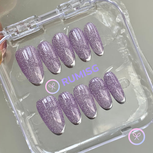  elegant purple glossy medium oval press on nails with glitter and silver french tip