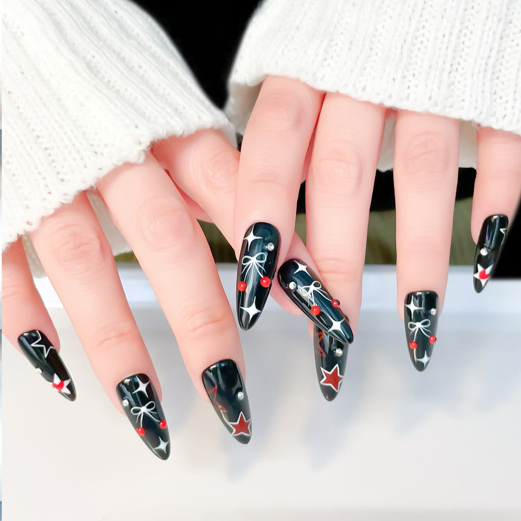 long length black oval press on nails with bow design