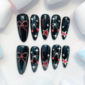 long length black oval press on nails with bow design