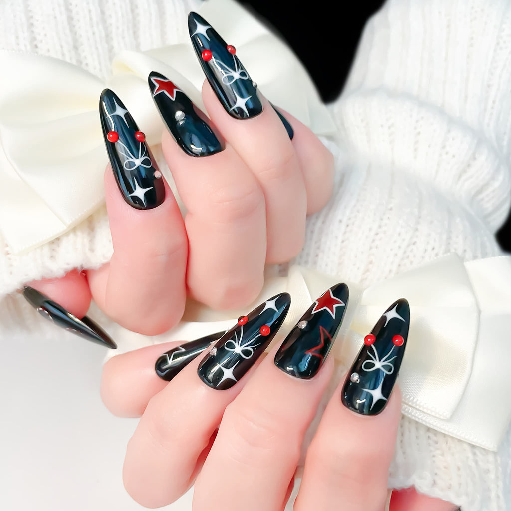 long length black oval press on nails with bow design