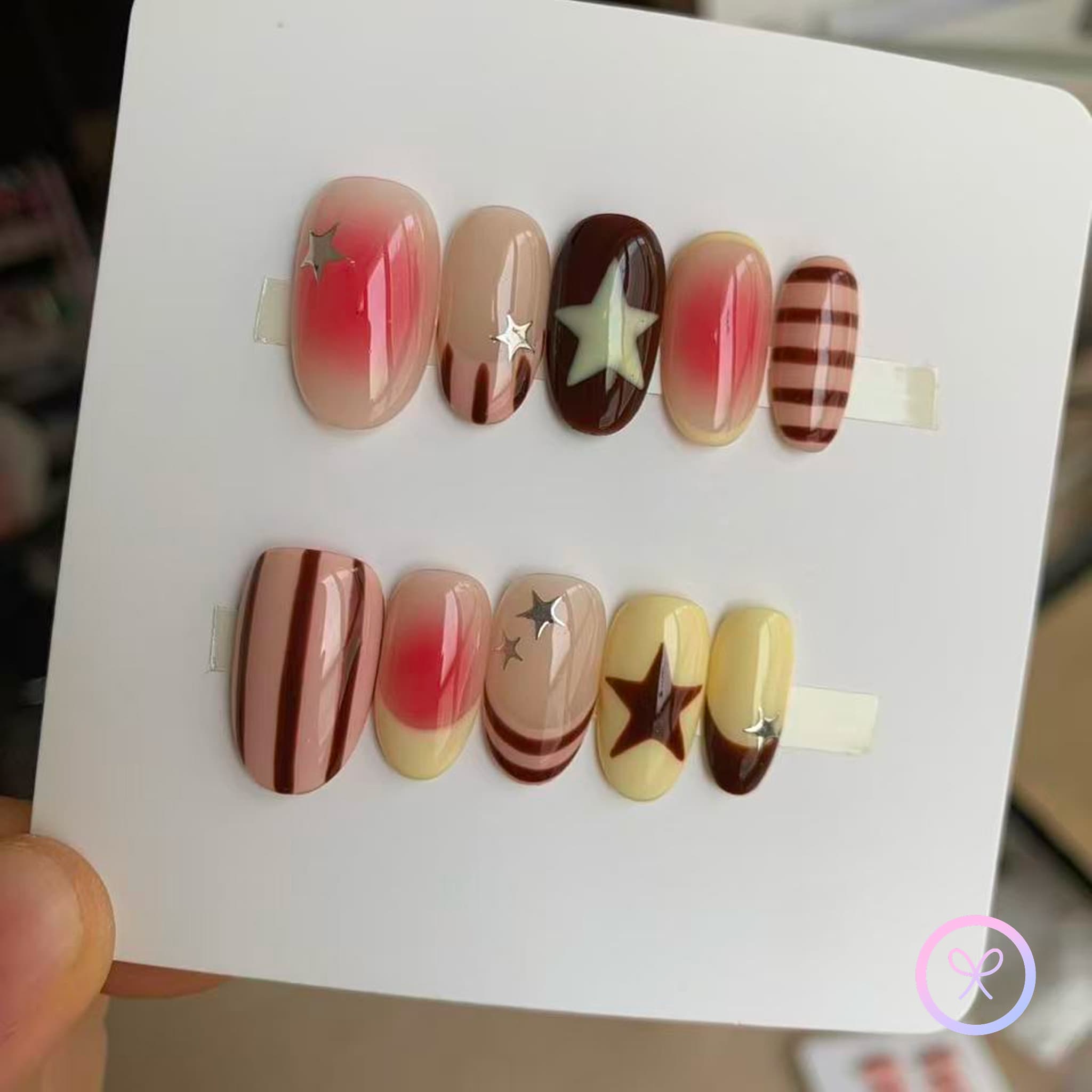 cute nude glossy short oval press on nails with stripes and stars