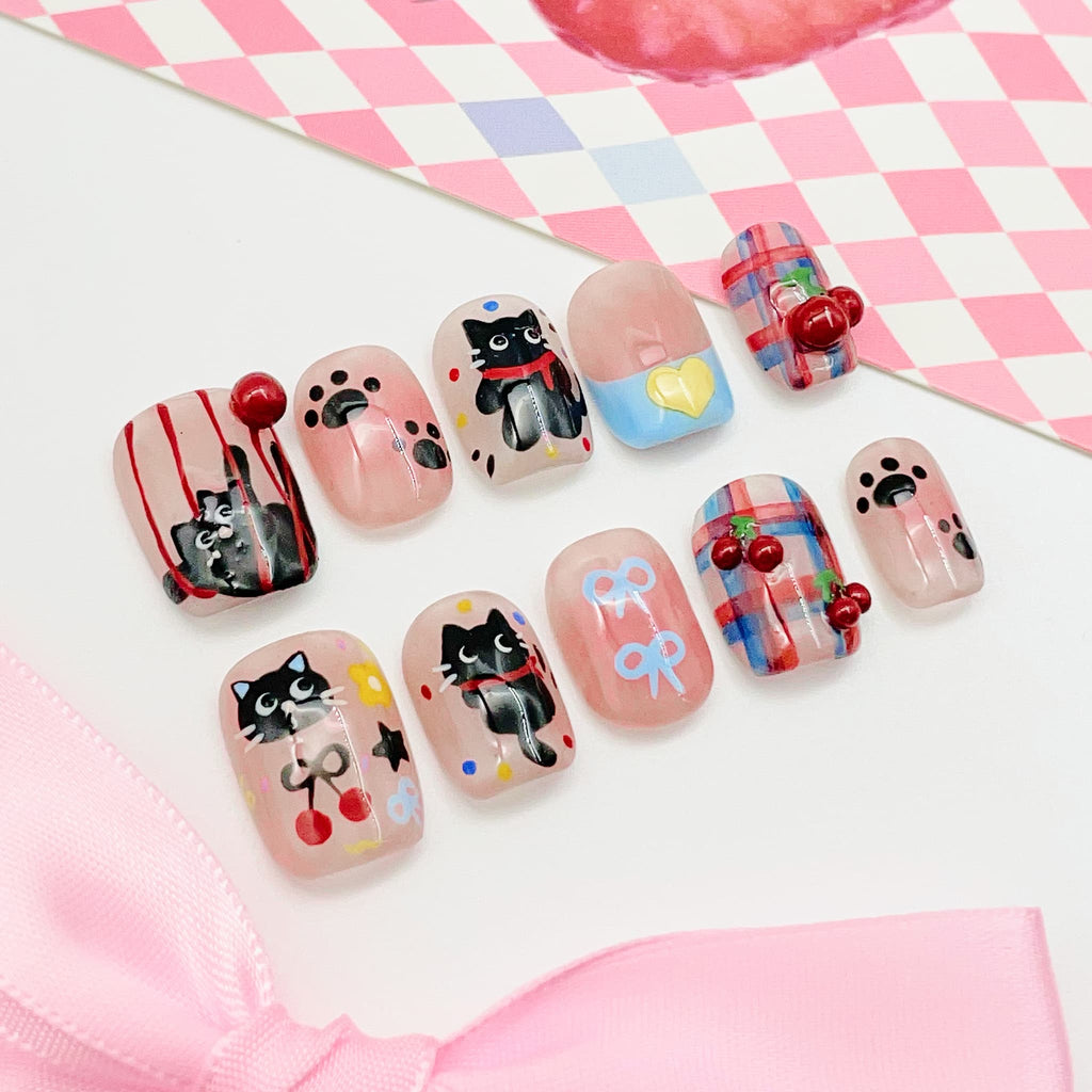 short length light pink squoval press on nails with cat design, summer season design